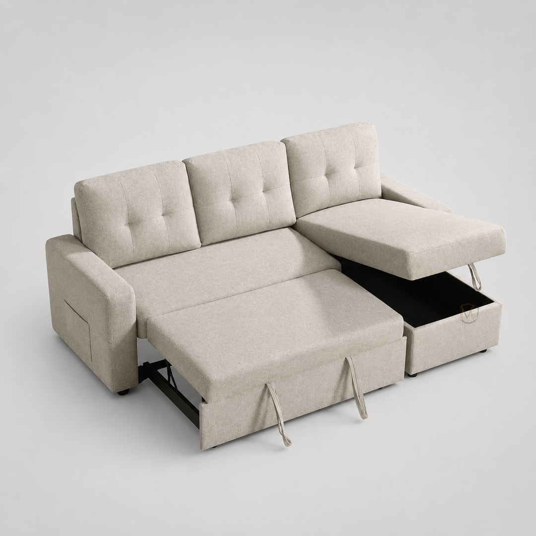 Skyglow Sectional Sofa Bed With Reversible Storage Chaise - Beige | Timeless, Stylish, Durable & Comfortable