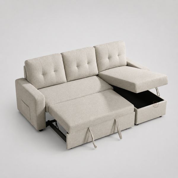 Skyglow Sectional Sofa Bed With Reversible Storage Chaise - Beige | Timeless, Stylish, Durable & Comfortable