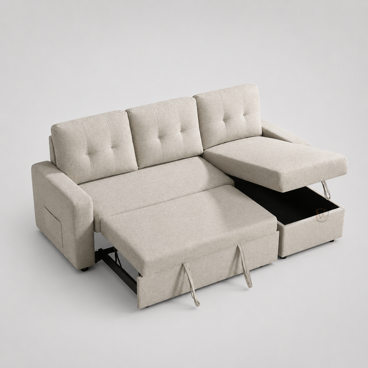Skyglow Sectional Sofa Bed With Reversible Storage Chaise - Beige | Timeless, Stylish, Durable & Comfortable
