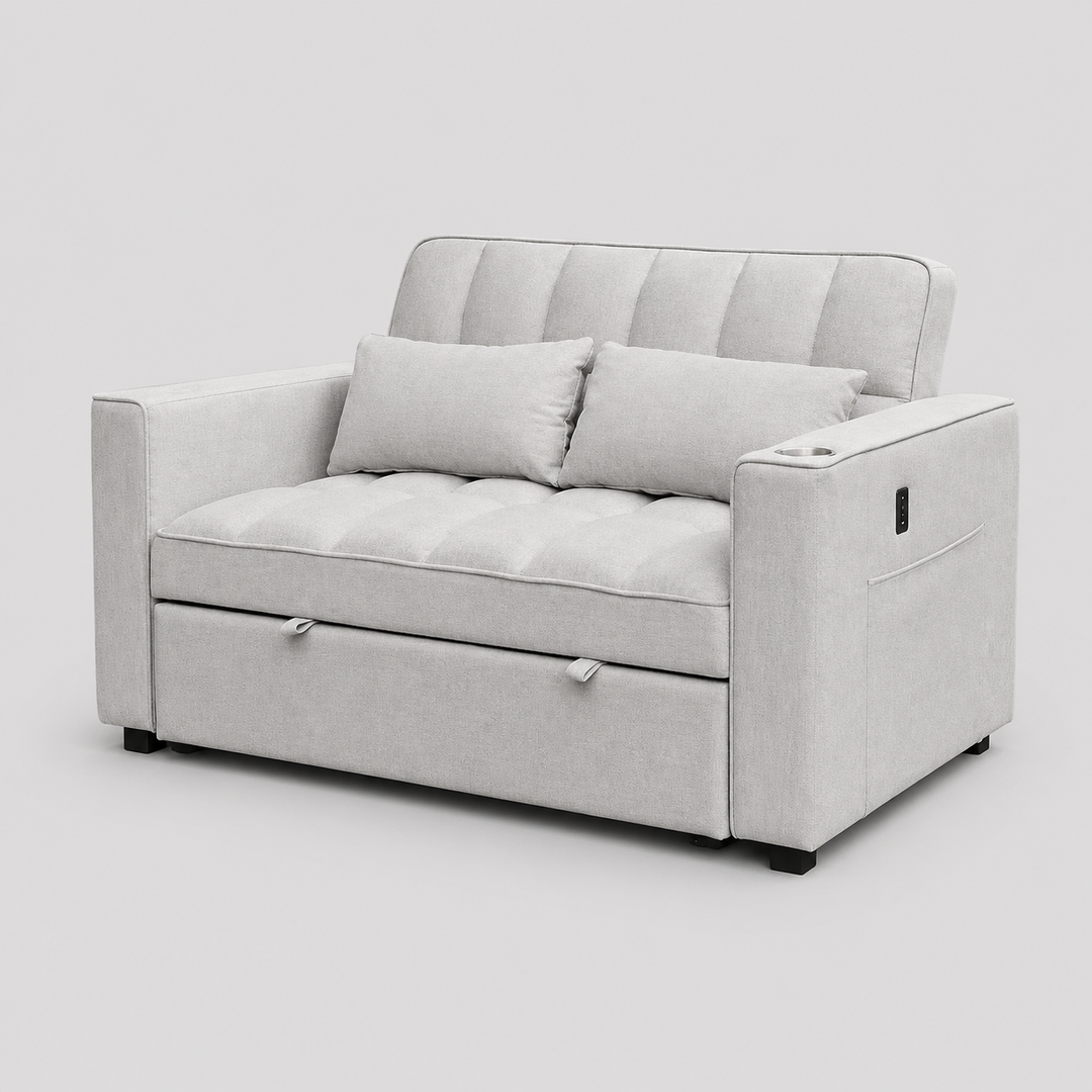 Arquelio Convertible Sofa Bed Sectional – Adjustable Backrest Sleeper Sofa with USB Charging Station, Cup Holders, Side Storage Pocket and Silver Grey Fabric Upholstery