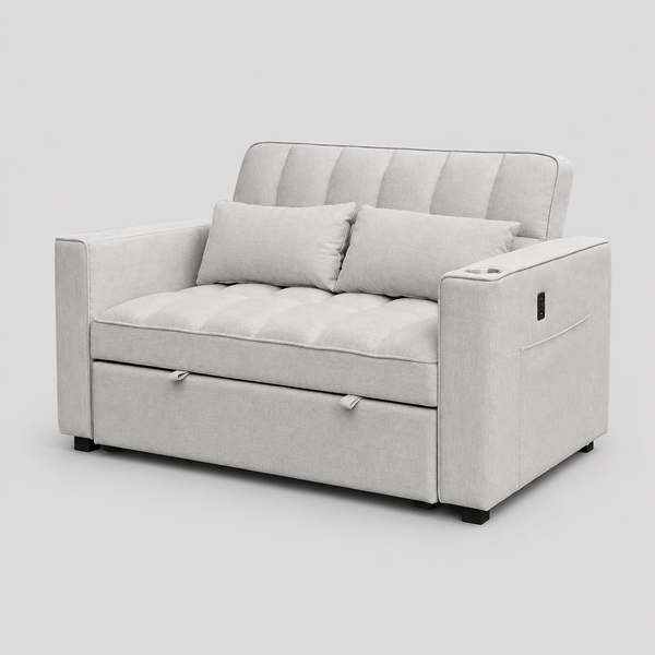 Arquelio Convertible Sofa Bed Sectional – Adjustable Backrest Sleeper Sofa with USB Charging Station, Cup Holders, Side Storage Pocket and Silver Grey Fabric Upholstery