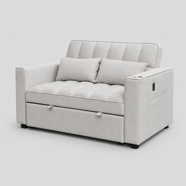Arquelio Convertible Sofa Bed Sectional – Adjustable Backrest Sleeper Sofa with USB Charging Station, Cup Holders, Side Storage Pocket and Silver Grey Fabric Upholstery