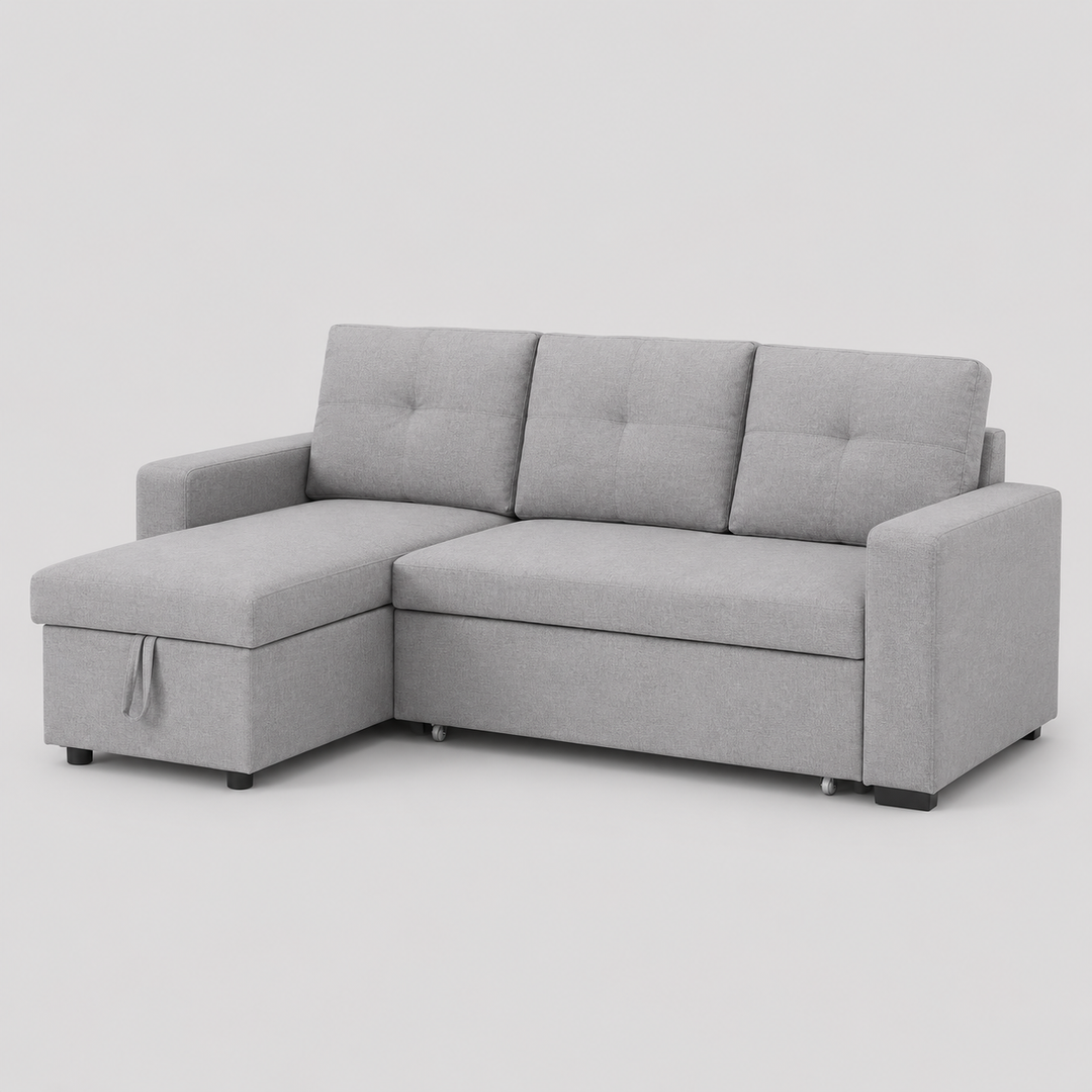 Ivoryn Convertible Sofa Bed Sectional – Reversible Chaise Sleeper Sofa with Lift-Up Storage Compartment and Soft Grey Fabric Upholstery