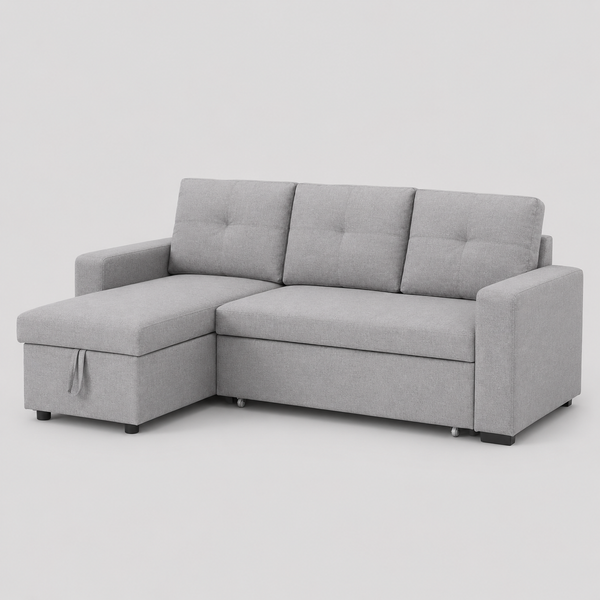 Ivoryn Convertible Sofa Bed Sectional – Reversible Chaise Sleeper Sofa with Lift-Up Storage Compartment and Soft Grey Fabric Upholstery