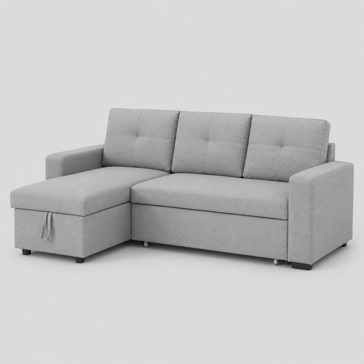 Ivoryn Convertible Sofa Bed Sectional – Reversible Chaise Sleeper Sofa with Lift-Up Storage Compartment and Soft Grey Fabric Upholstery