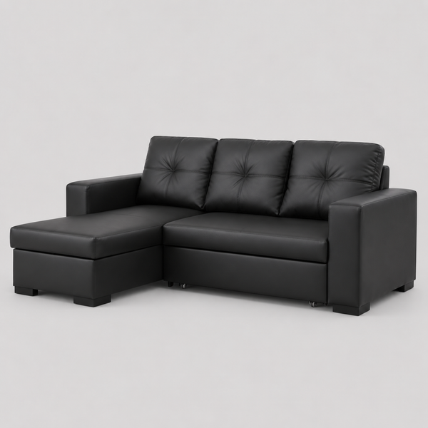 Ivoryn Convertible Sofa Bed Sectional – Reversible Chaise Sleeper Sofa with Lift-Up Storage Compartment and Black PU Upholstery