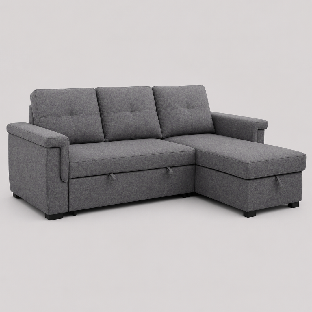 Calviero Convertible Sofa Bed Sectional – Reversible Chaise Sleeper Sofa with Lift-Up Storage Compartment, Piping Details and Soft Grey Fabric Upholstery