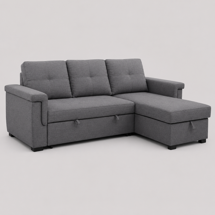 Calviero Convertible Sofa Bed Sectional – Reversible Chaise Sleeper Sofa with Lift-Up Storage Compartment, Piping Details and Soft Grey Fabric Upholstery