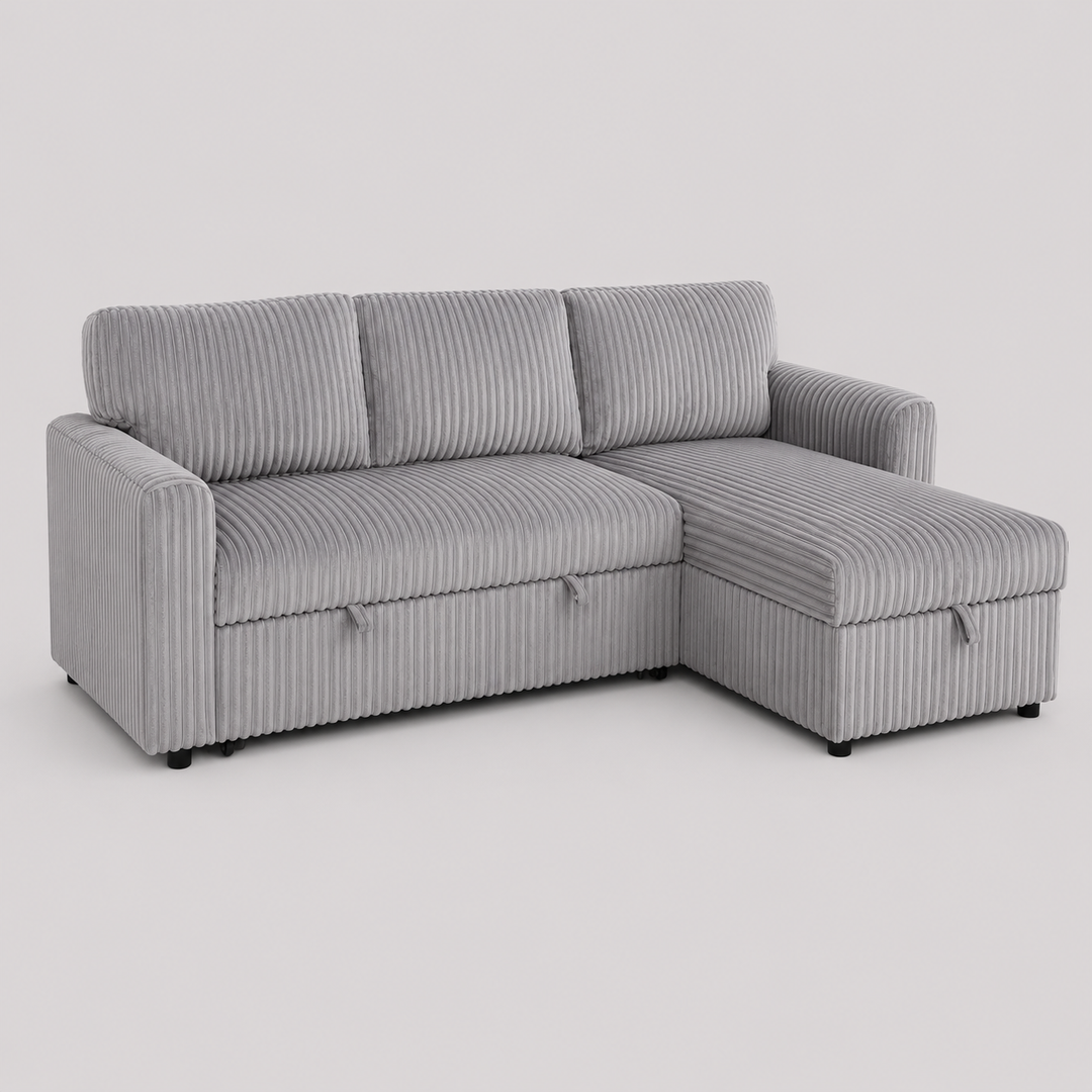 Lumivara Luxe Sofa Bed Sectional with Reversible Chaise, Lift-Up Storage & Soft-Touch Grey Fur Corduroy