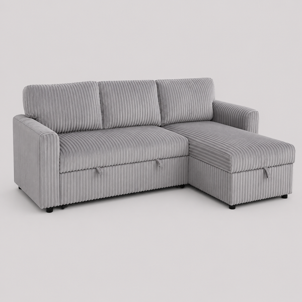 Lumivara Luxe Sofa Bed Sectional with Reversible Chaise, Lift-Up Storage & Soft-Touch Grey Fur Corduroy