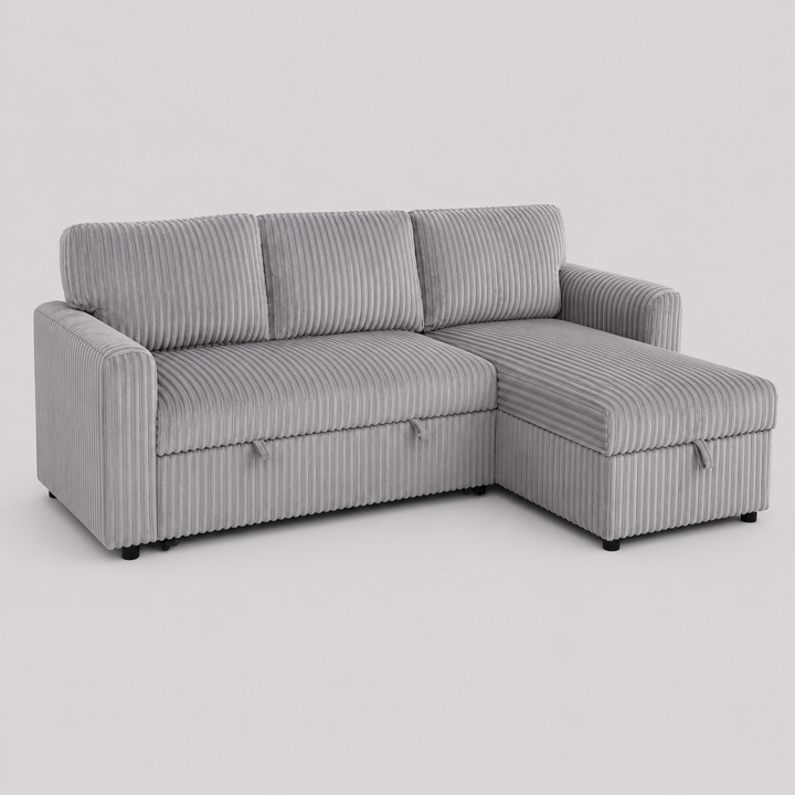 Lumivara Luxe Sofa Bed Sectional with Reversible Chaise, Lift-Up Storage & Soft-Touch Grey Fur Corduroy
