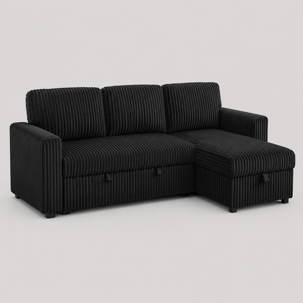 Lumivara Luxe Sofa Bed Sectional with Reversible Chaise, Lift-Up Storage & Soft-Touch Black Fur Corduroy