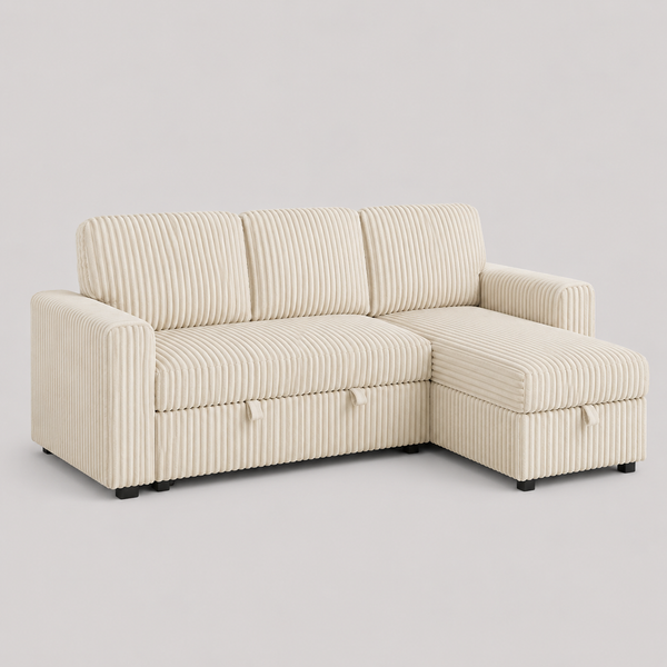 Lumivara Luxe Sofa Bed Sectional with Reversible Chaise, Lift-Up Storage & Soft-Touch Cream Fur Corduroy