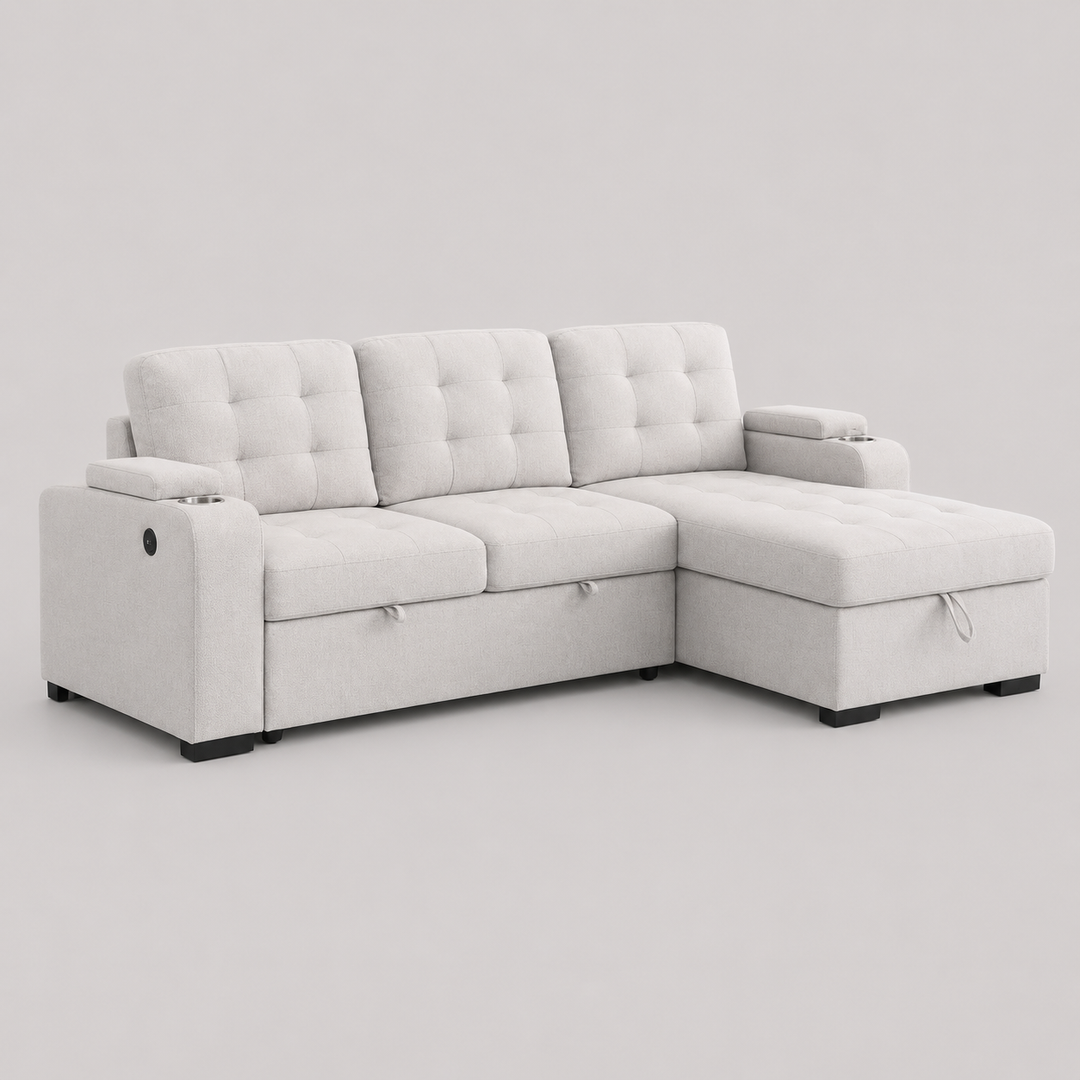 Mira Fabric Upholstered Sectional Sofa Bed With Charging Ports - Beige | Modern, Durable & Smart Storage