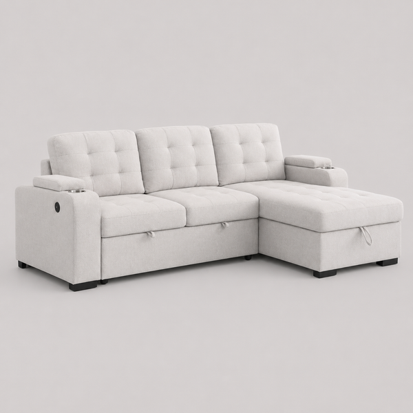 Mira Fabric Upholstered Sectional Sofa Bed With Charging Ports - Beige | Modern, Durable & Smart Storage