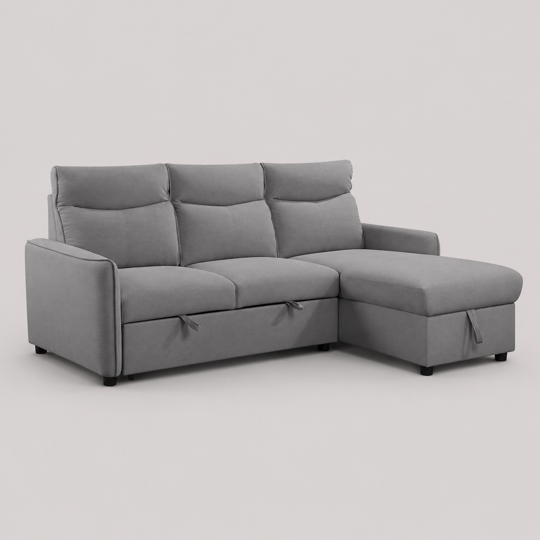 Solvantis Convertible Sofa Bed Sectional – Reversible Chaise Sleeper Sofa with Lift-Up Storage Compartment and Soft Grey Fabric Upholstery