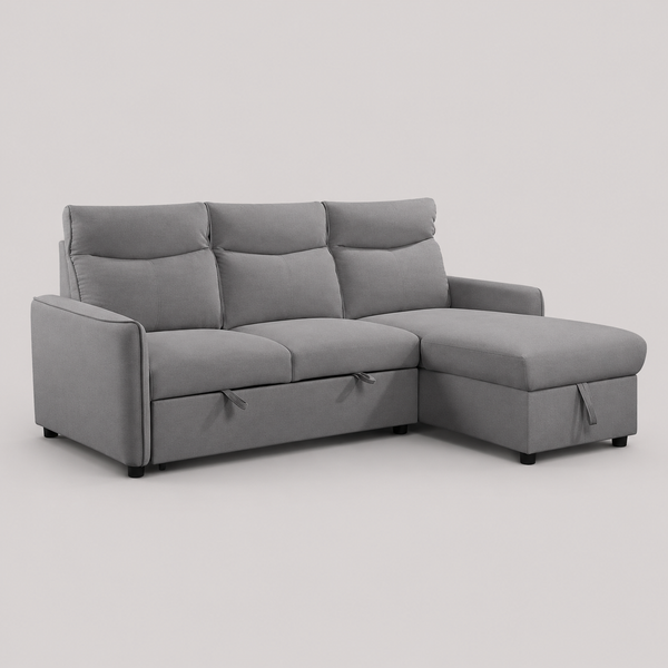 Solvantis Convertible Sofa Bed Sectional – Reversible Chaise Sleeper Sofa with Lift-Up Storage Compartment and Soft Grey Fabric Upholstery