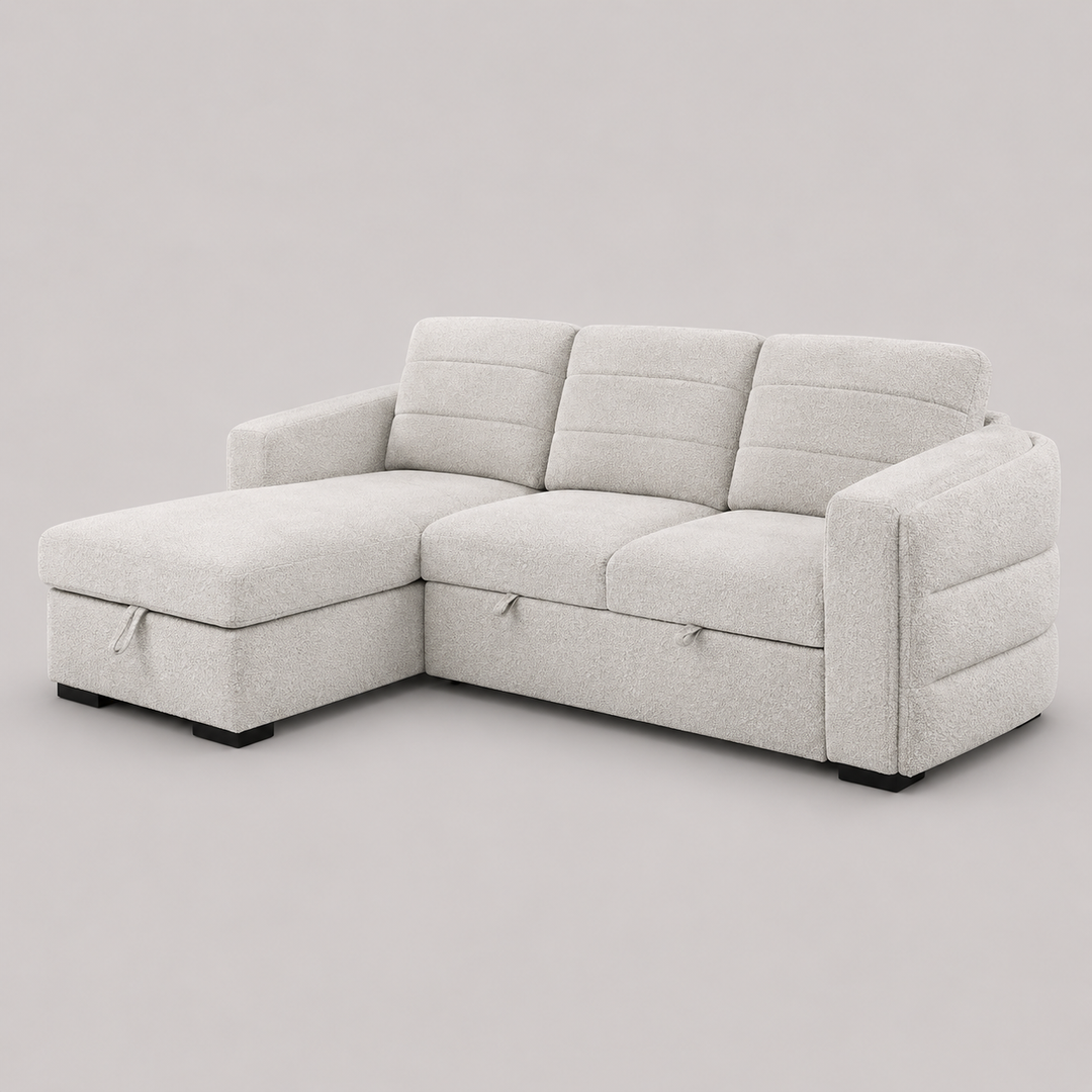 Virexa Sofa Bed Sectional – Left Hand Facing Chaise with Lift Up Storage, Rounded Back, Boucle Fabric Sleeper Sofa