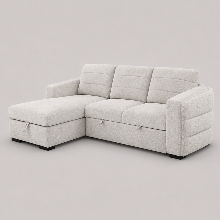 Virexa Sofa Bed Sectional – Left Hand Facing Chaise with Lift Up Storage, Rounded Back, Boucle Fabric Sleeper Sofa