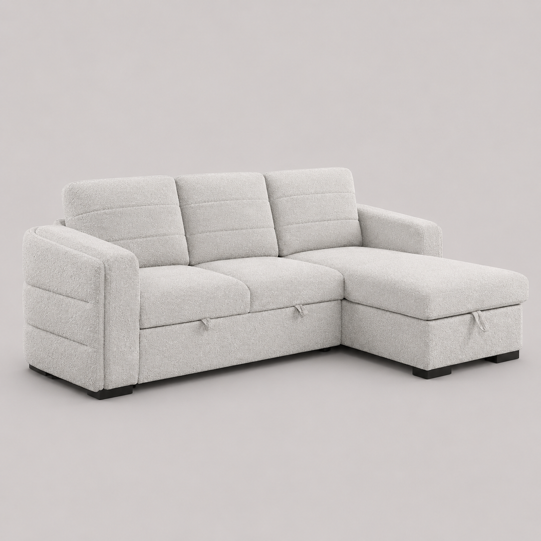 Virexa Sofa Bed Sectional – Right Hand Facing Chaise with Lift Up Storage, Rounded Back, Boucle Fabric Sleeper Sofa