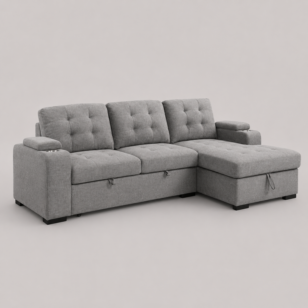 Zenviel Sofa Bed Sectional – Left Hand Facing Chaise with Lift-Up Storage, Cup Holders And Sleeper Function