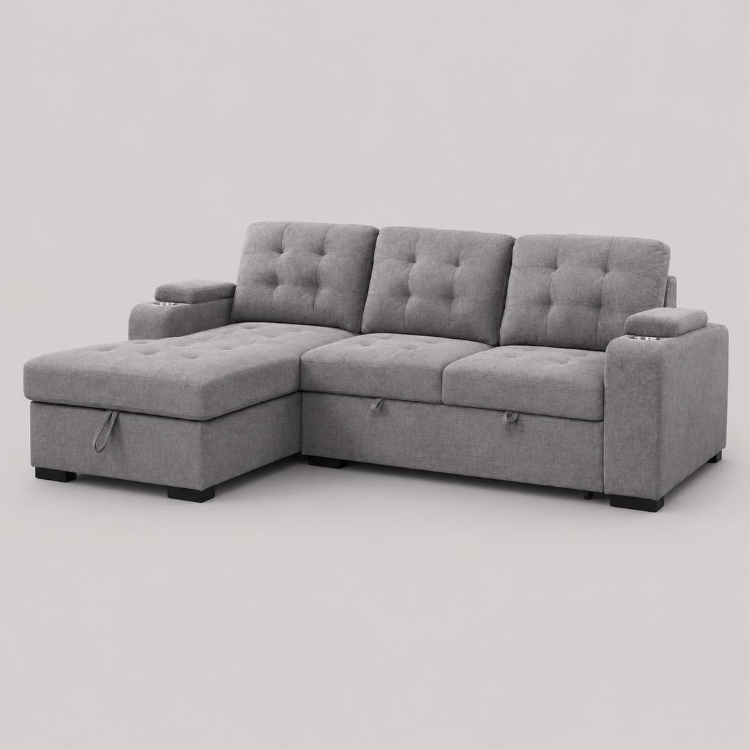 Zenviel Sofa Bed Sectional – Left Hand Facing Chaise with Lift-Up Storage, Cup Holders And Sleeper Function