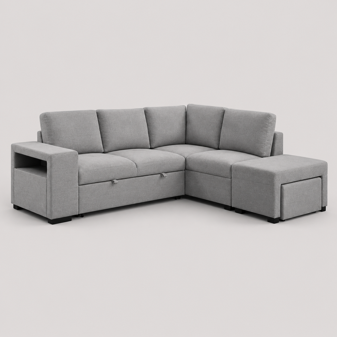 Velquion Convertible Sofa Bed Sectional – Right-Hand Facing Chaise Sleeper Sofa with Lift-Up Storage, Floating Ottoman Set and Soft Grey Fabric Upholstery
