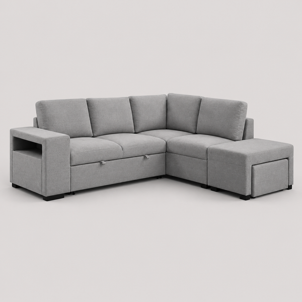Velquion Convertible Sofa Bed Sectional – Right-Hand Facing Chaise Sleeper Sofa with Lift-Up Storage, Floating Ottoman Set and Soft Grey Fabric Upholstery