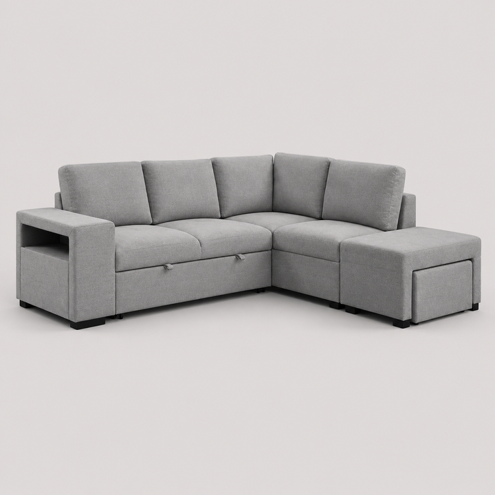 Velquion Convertible Sofa Bed Sectional – Right-Hand Facing Chaise Sleeper Sofa with Lift-Up Storage, Floating Ottoman Set and Soft Grey Fabric Upholstery