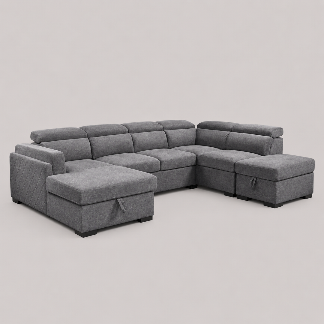 Novira Sofa Bed Sectional – Left Hand Facing Chaise with Lift Up Storage, Floating Ottoman, Adjustable Headrests
