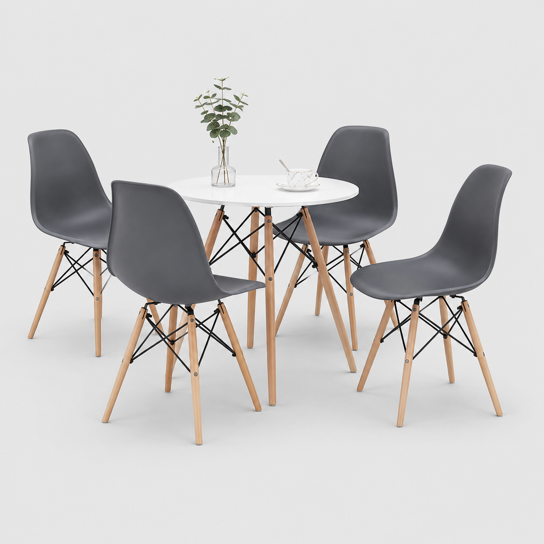 Bravion 5-Piece Dinette Set – Round Eiffel Table with Grey Molded Chairs