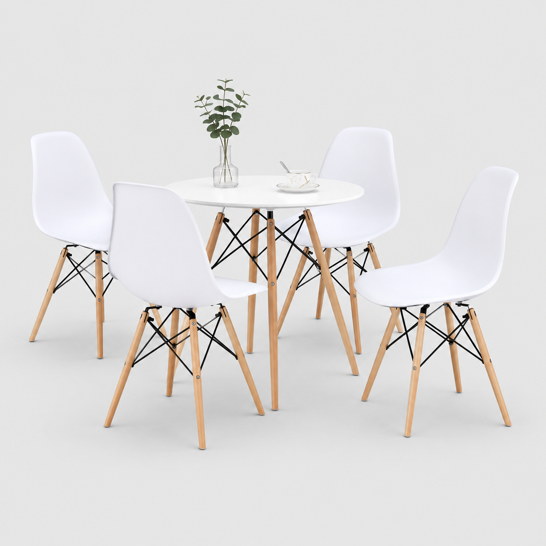 Bravion 5-Piece Dinette Set – Round Eiffel Table with White Molded Chairs