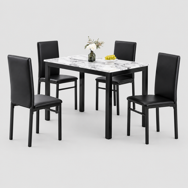 Cortano 5-Piece Dinette Set – Faux Marble Table with Black Steel Chairs