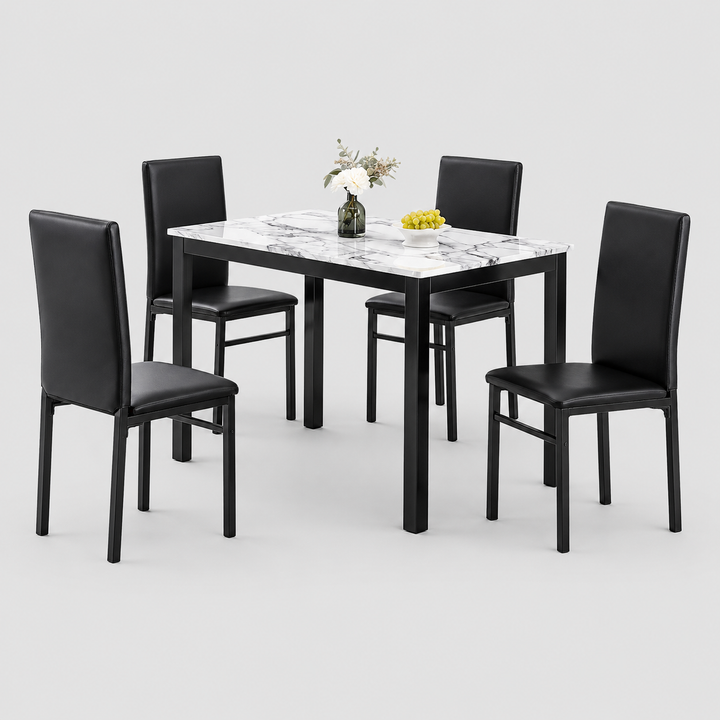 Cortano 5-Piece Dinette Set – Faux Marble Table with Black Steel Chairs