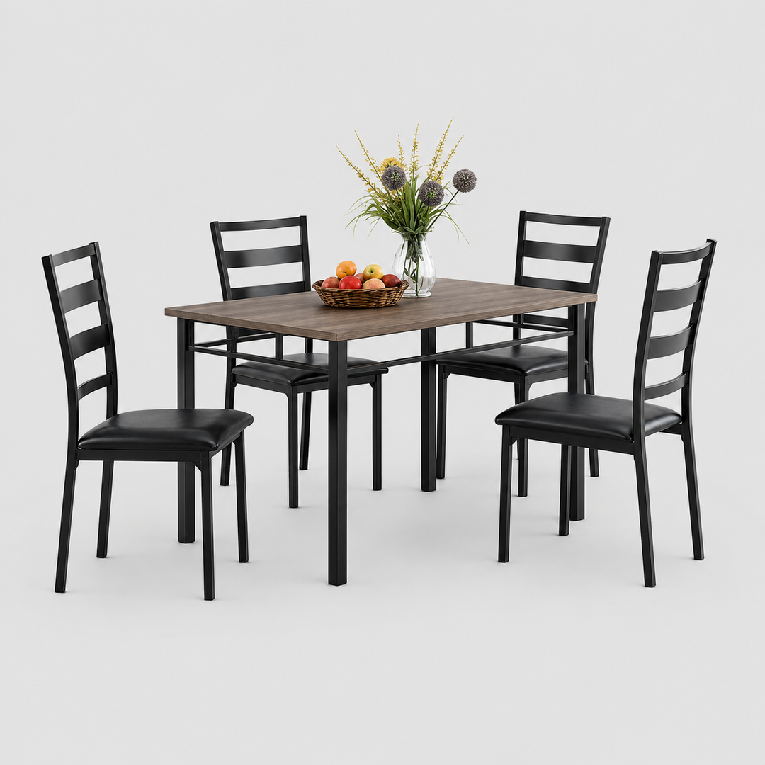 Alviano 5-Piece Dinette Set – Wood Table Top with Black Steel Legs & PU Chairs
