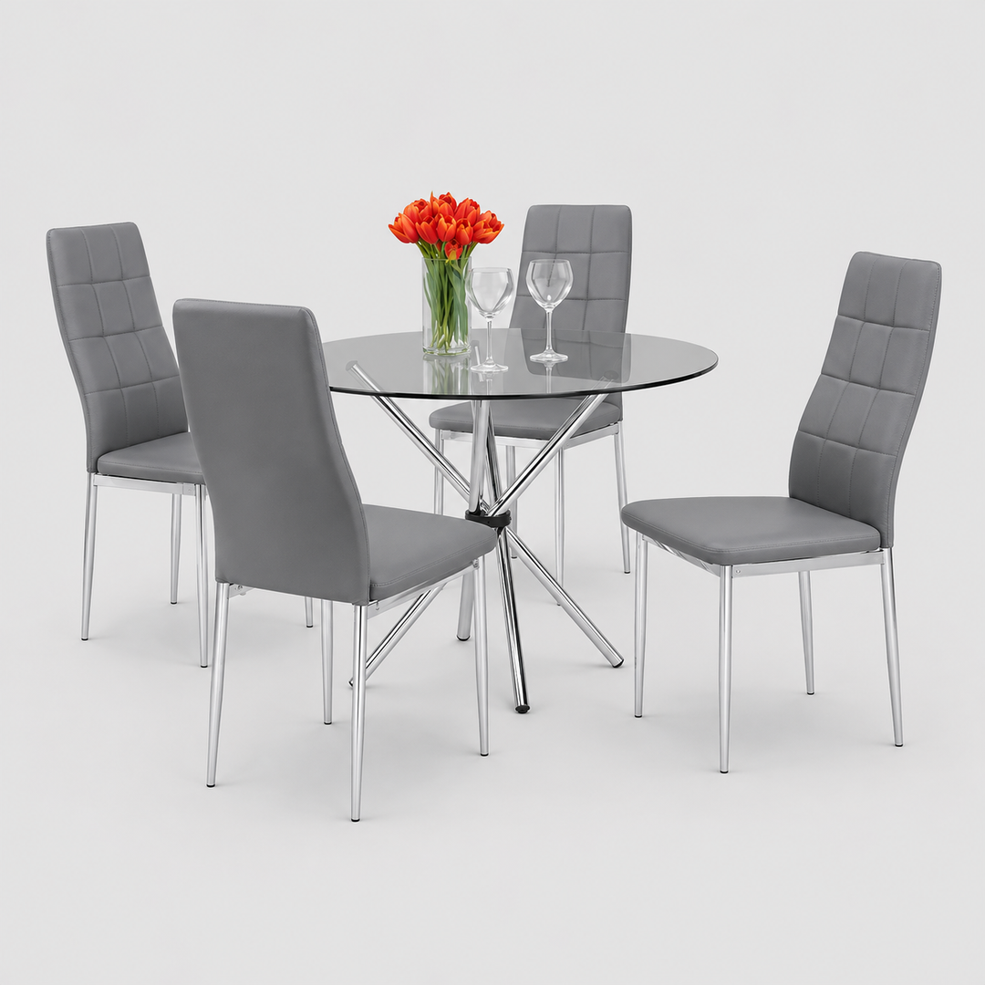 Dalmora 5-Piece Dinette Set – Tempered Glass Table with Chrome Legs & Grey Cushion Chairs