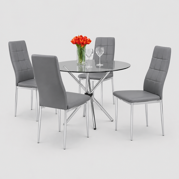 Dalmora 5-Piece Dinette Set – Tempered Glass Table with Chrome Legs & Grey Cushion Chairs