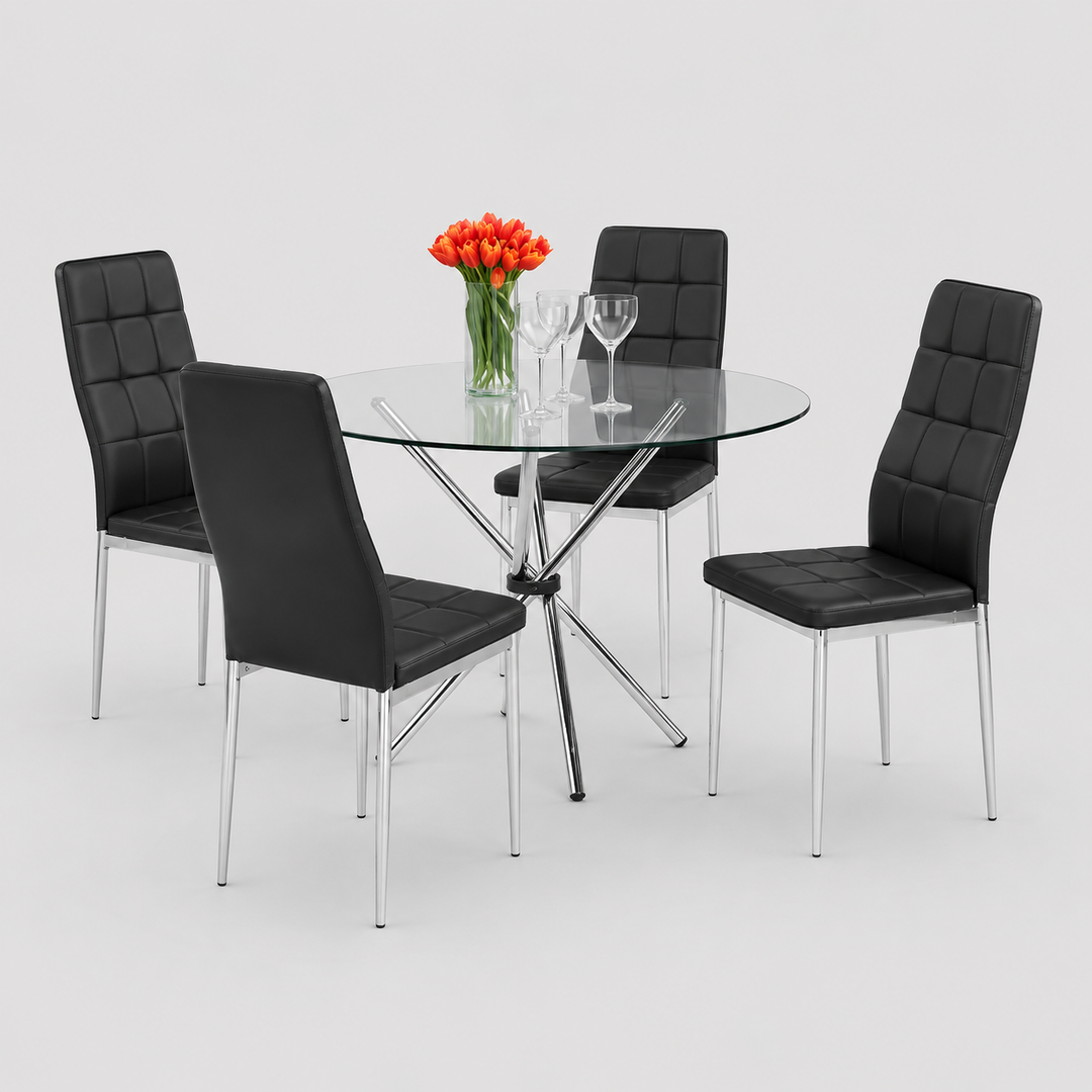 Dalmora 5-Piece Dinette Set – Tempered Glass Table with Chrome Legs & Black Cushion Chairs