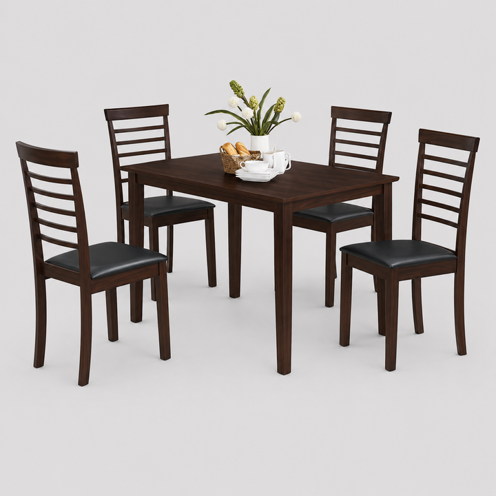 Elvaro 5-Piece Dinette Set – Espresso Table with Black Cushion Chairs