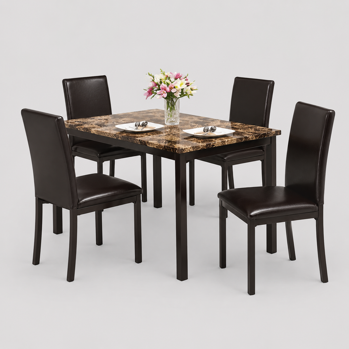 Orvexa 5-Piece Dinette Set – Light Brown Marble Table with Black Metal Legs & Upholstered Chairs