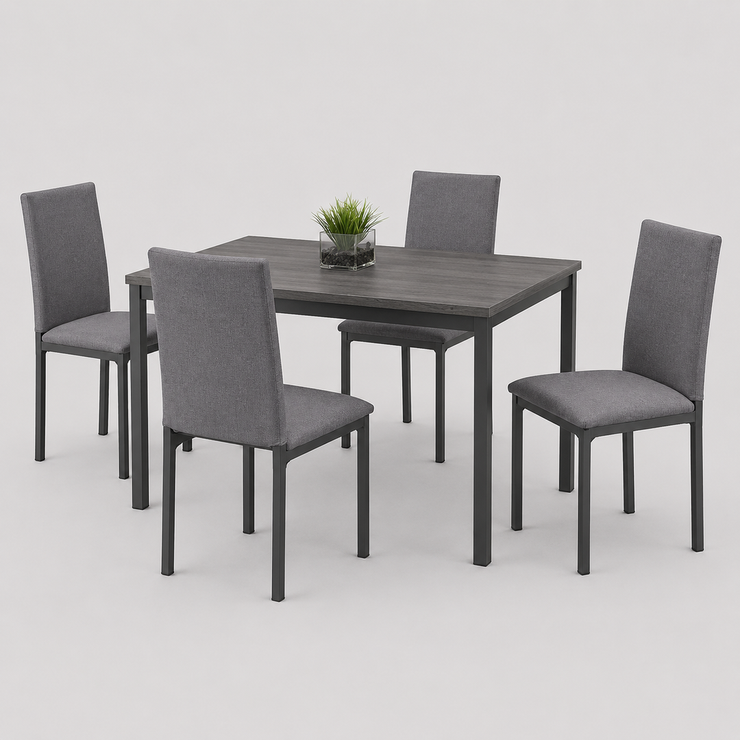 Zenvano 5-Piece Dinette Set – Grey Wood-Look Table with Dark Grey Legs & Grey Fabric Chairs