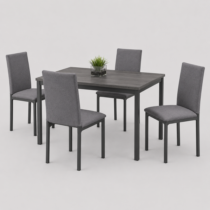 Zenvano 5-Piece Dinette Set – Grey Wood-Look Table with Dark Grey Legs & Grey Fabric Chairs
