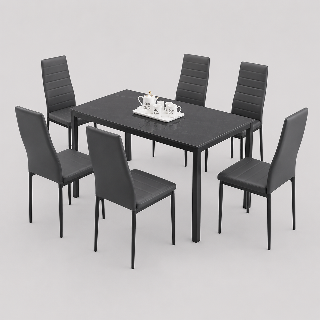 Marvella 7-Piece Dinette Set – Tempered Grey Glass Table with Grey Metal Frame & Grey Cushion Chairs