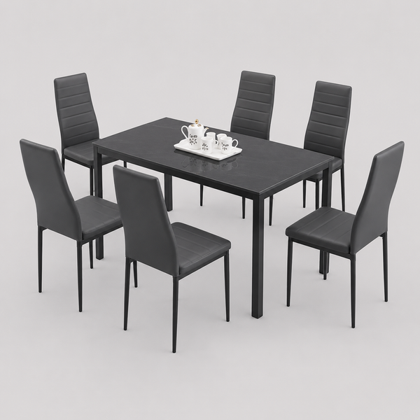 Marvella 7-Piece Dinette Set – Tempered Grey Glass Table with Grey Metal Frame & Grey Cushion Chairs
