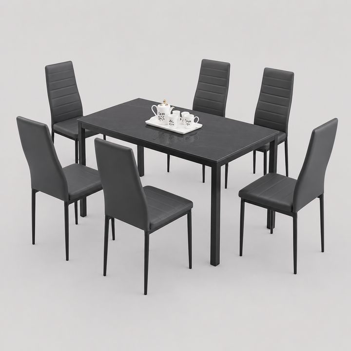 Marvella 7-Piece Dinette Set – Tempered Grey Glass Table with Grey Metal Frame & Grey Cushion Chairs