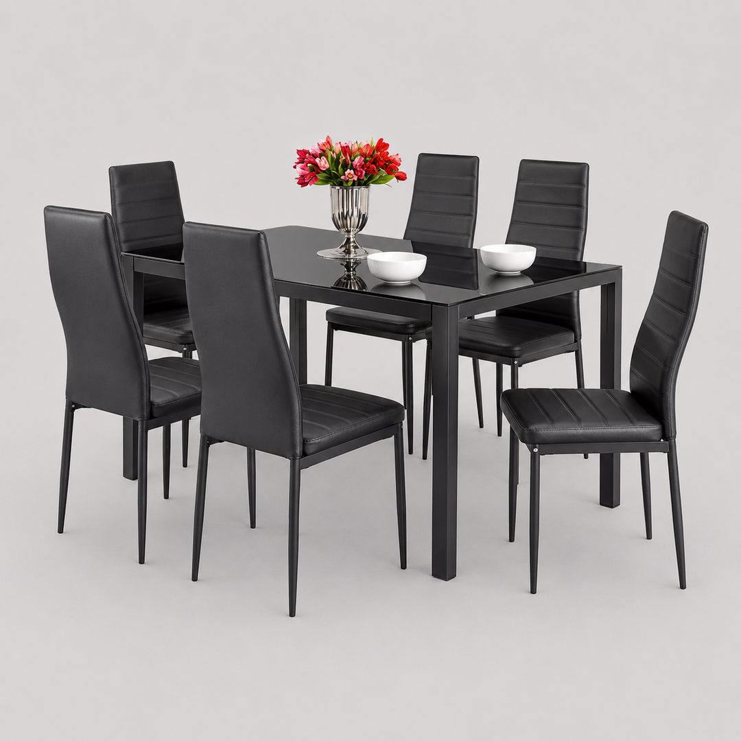 Norvello 7-Piece Dinette Set – Black Tempered Glass Table with Chrome Legs & Black Leather Chairs