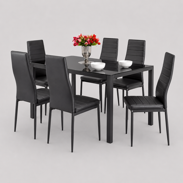 Norvello 7-Piece Dinette Set – Black Tempered Glass Table with Chrome Legs & Black Leather Chairs
