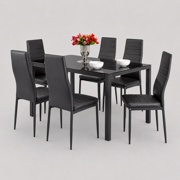 Norvello 7-Piece Dinette Set – Black Tempered Glass Table with Chrome Legs & Black Leather Chairs