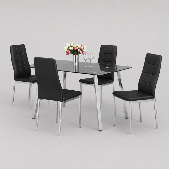 Arlovo 5-Piece Dinette Set – Tempered Clear Glass Table with Chrome Legs & Black Cushion Chairs