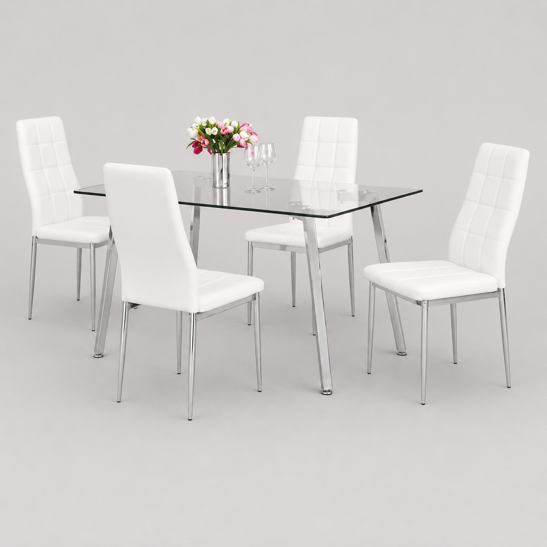 Arlovo 5-Piece Dinette Set – Tempered Clear Glass Table with Chrome Legs & White Cushion Chairs
